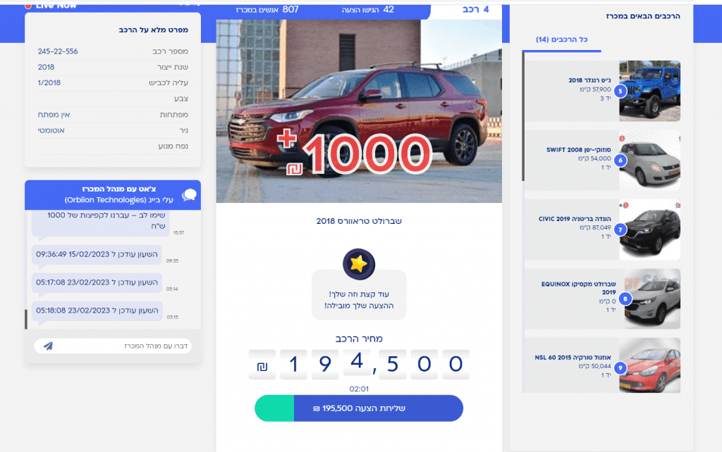 Arena page - Chatbox on left, upcoming cars on right and main bidding