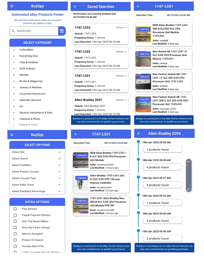 BuySpy Flutter mobile app — real-time eBay search alerts app on iOS and Android