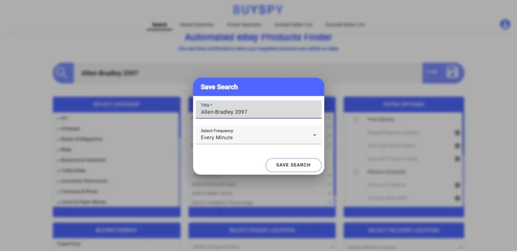 BuySpy saved searches dashboard showing active real-time eBay search alerts
