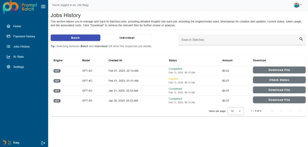 PromptBatch jobs history dashboard showing completed AI batch processing jobs and download links