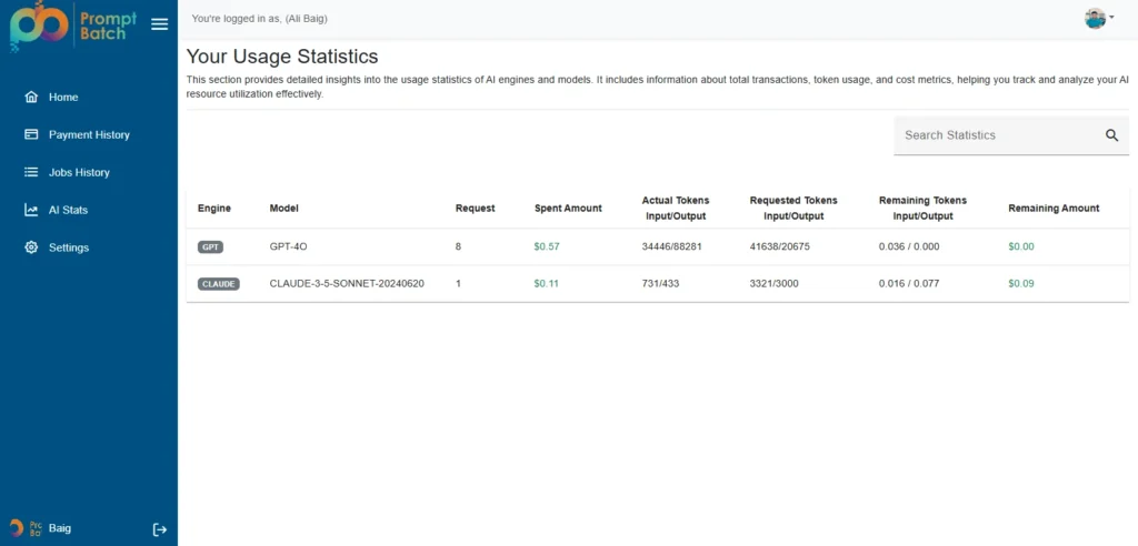 PromptBatch jobs history dashboard showing completed AI batch processing jobs and download links