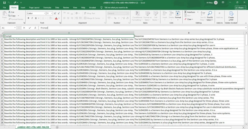 PromptBatch completed output file showing AI generated responses in the Response column