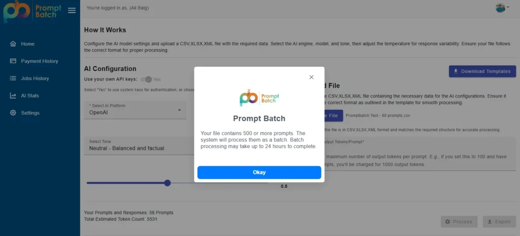 PromptBatch portal batch processing confirmation popup for files with 500 or more prompts