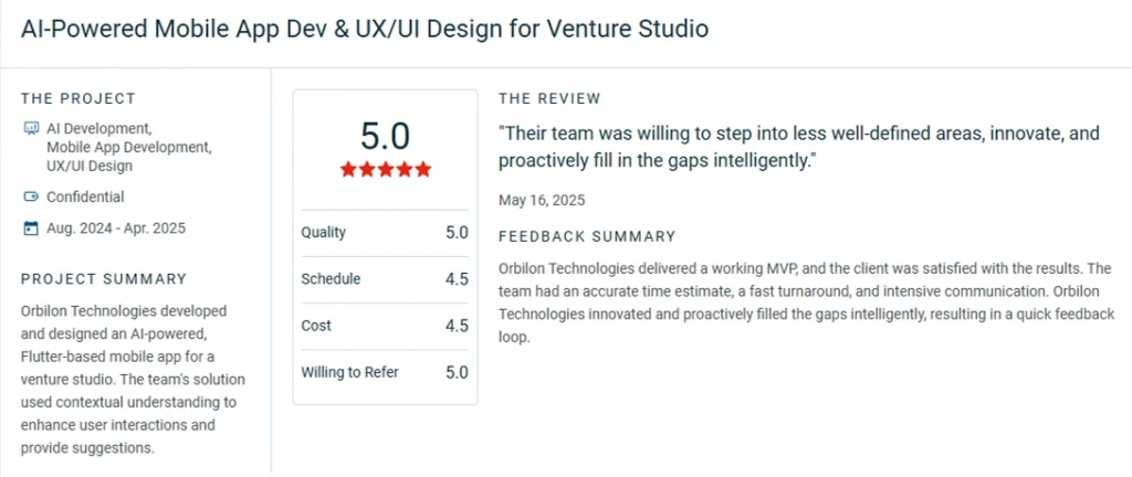 Orbilon Technologies 5-star Clutch review for Spheres AI life manager mobile app development