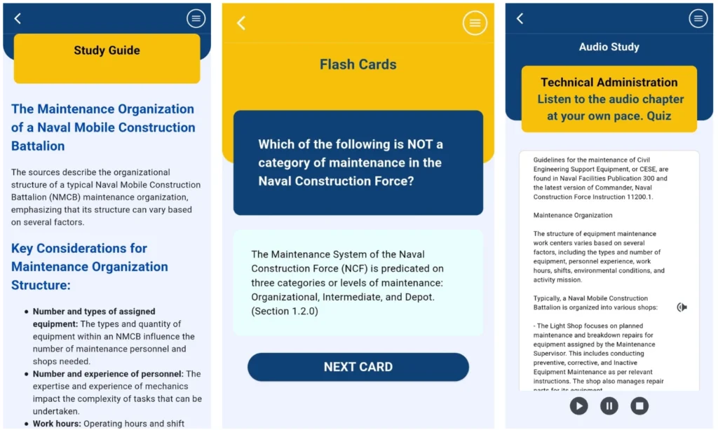 SeaBee Navy exam study app study guide flashcards and audiobook screens for chapter learning