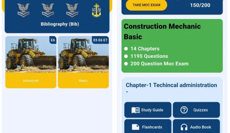 SeaBee Navy exam study app home screen with chapters quizzes and audiobooks