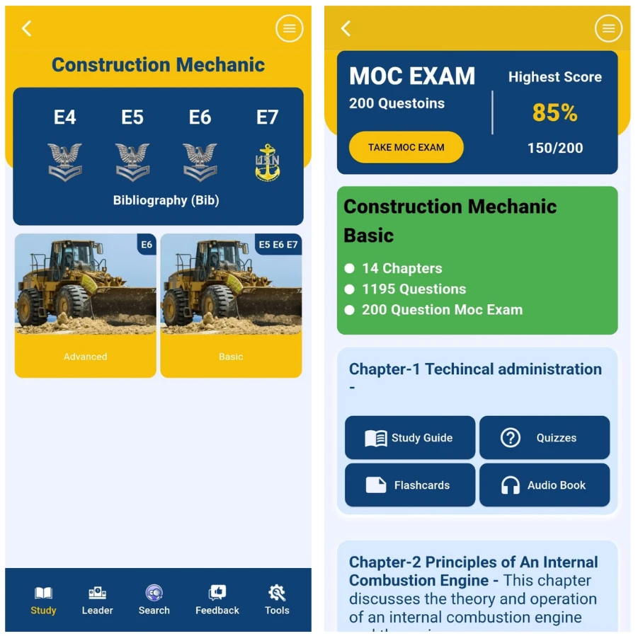SeaBee Navy exam study app home screen with chapters quizzes and audiobooks