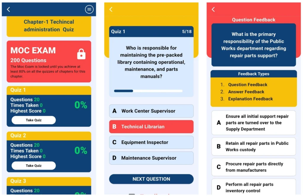 SeaBee Navy exam study app quiz screen showing timed questions and answer feedback