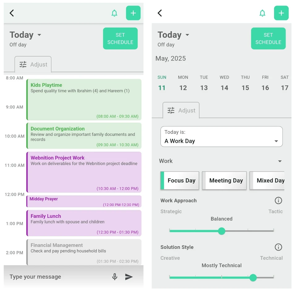 Spheres AI daily schedule planning screen with personalised timetable and filter controls