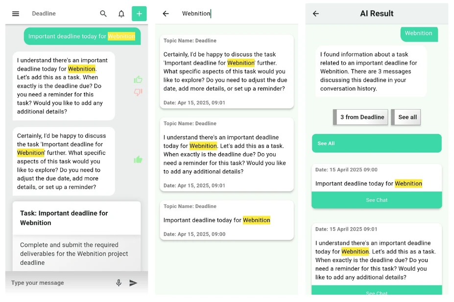 Spheres AI life manager mobile app cross-topic search showing AI-powered results panel