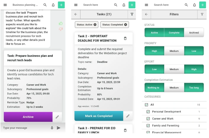 Spheres task management screen with AI auto-filled fields priority filters and completion tracking