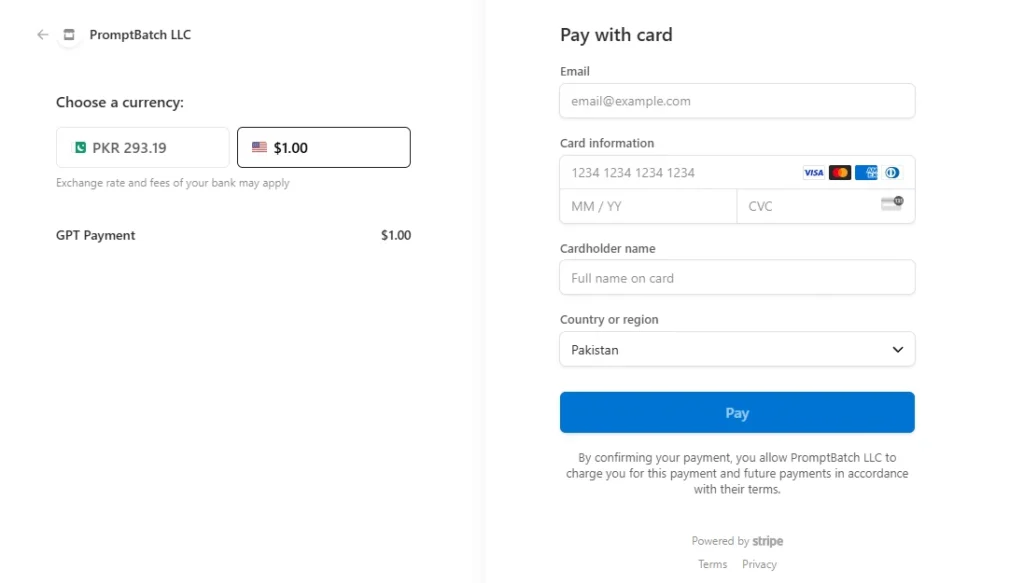 PromptBatch Stripe checkout page for AI batch prompt processing app upfront payment