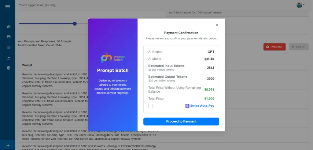PromptBatch payment confirmation screen with AI token cost breakdown and Stripe payment button