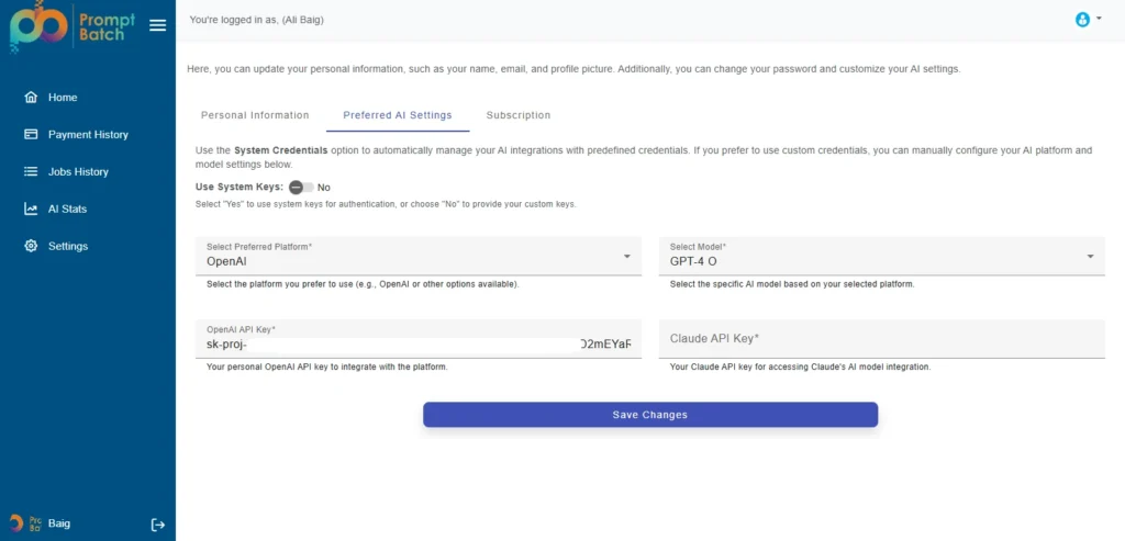PromptBatch AI batch prompt processing app home screen showing AI model settings and file upload panel