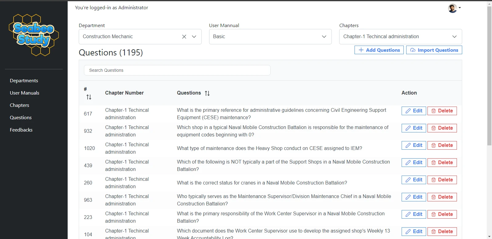 SeaBee Navy exam study app admin panel showing 1195 questions under a chapter
