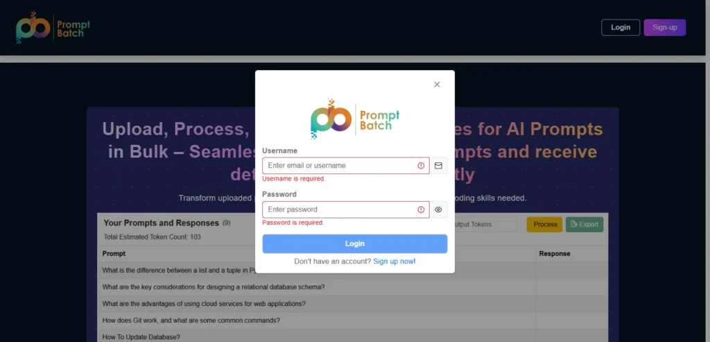 PromptBatch AI batch prompt processing app homepage with login and sign up screen