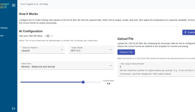 PromptBatch AI batch prompt processing app dashboard by Orbilon Technologies