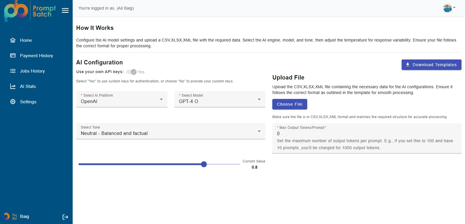 PromptBatch AI batch prompt processing app dashboard by Orbilon Technologies